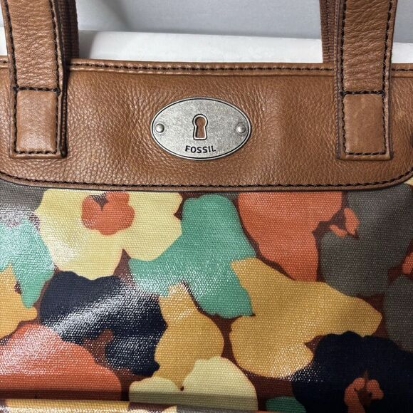Fossil Key Per Coated Canvas Purse Tote Hand Bag Retro 70s Floral Brown Leather - Picture 7 of 12